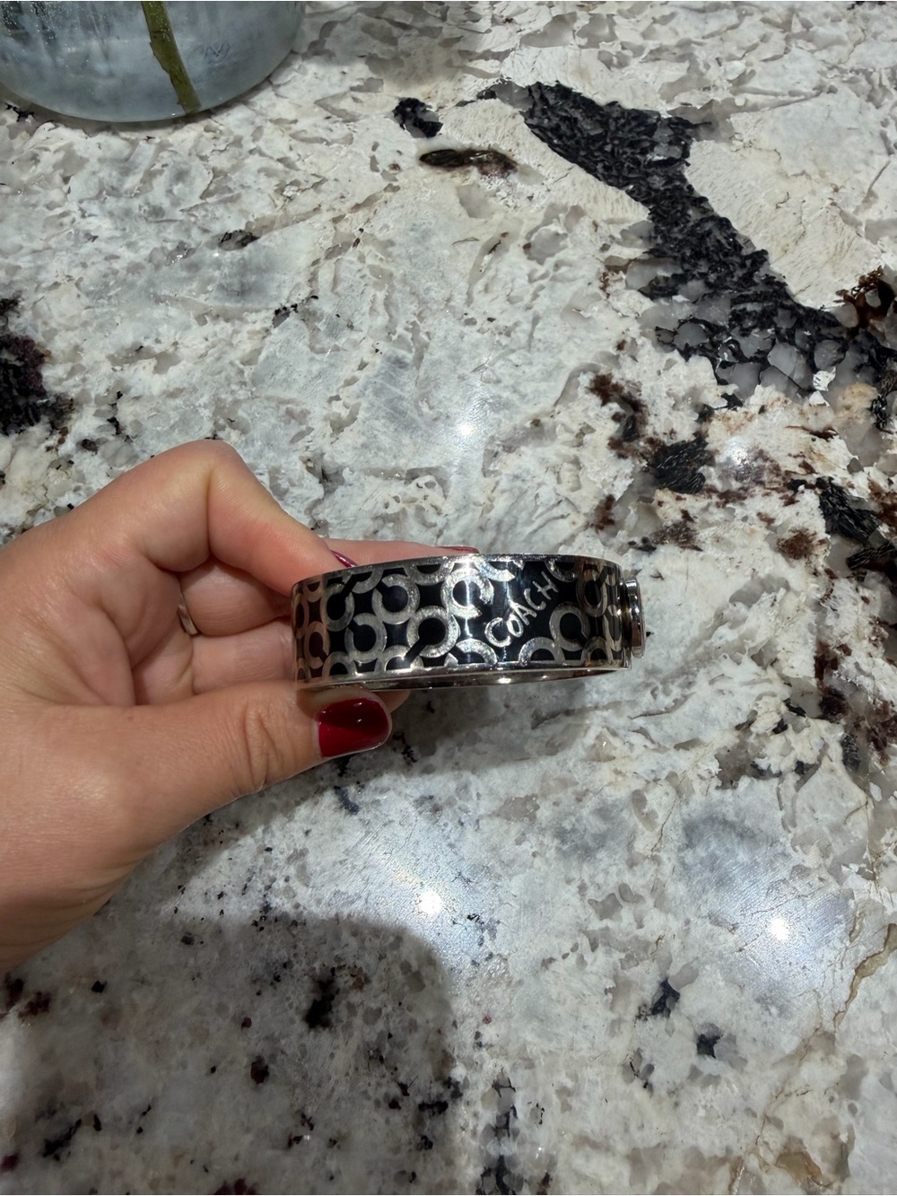 Coach Signature C Black Enamel Hinged Bangle Bracelet Silver Tone